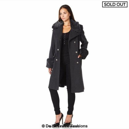 De La Creme - Womens Wool Blend Faux Fur Trim Midi Coat Jackets & Coats LoveAdora