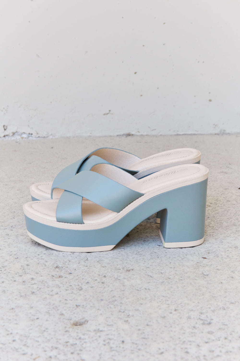 Trendy Weeboo Cherish The Moments Contrast Platform Sandals in Misty Blue - Stylish slip-on platform sandals with a modern color palette and comfortable design.