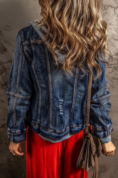 Distressed denim jacket with contrasting red skirt, showcasing wavy blonde hair