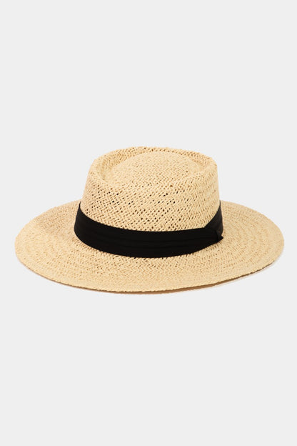 Straw Braided Pork Pie Hat - Stylish natural straw hat with a classic pork pie design, featuring a woven texture and a contrasting black band for a timeless, elegant look.