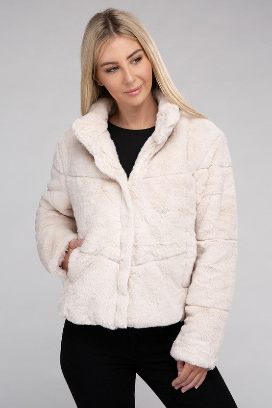 Soft, cozy, and stylish Fluffy Zip-Up Sweater Jacket by Coral Vanilla, perfect for chilly days.