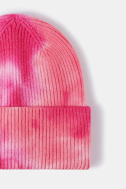 Tie-dye Cuffed Rib-Knit Beanie Hat in vibrant pink hue