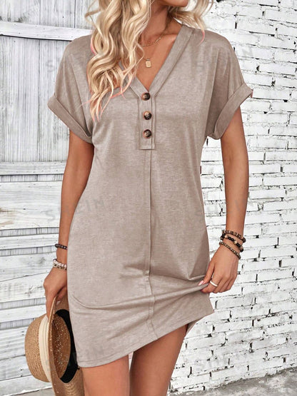 Quarter Button V-Neck Short Sleeve Dress