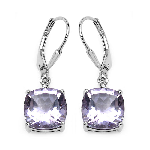 Elegant sterling silver earrings featuring cushion-cut genuine pink amethyst and white topaz gemstones in a simple, sophisticated design.