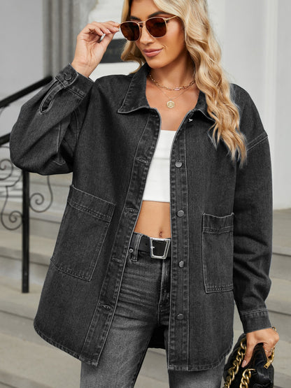 Removable Hood Button Up Long Sleeve Denim Jacket - Stylish denim jacket with adjustable hood, casual fashion for on-the-go