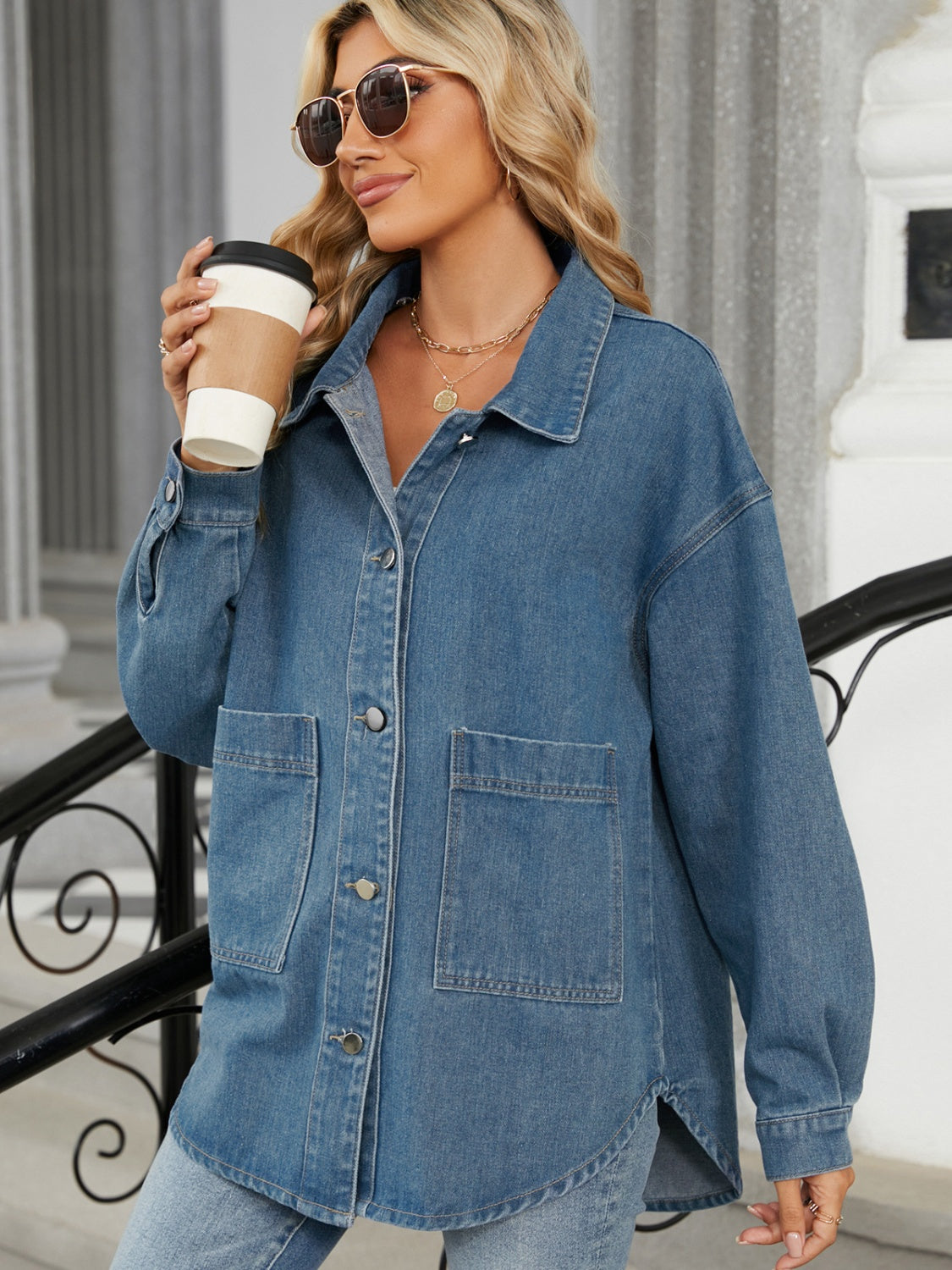 Casual Denim Jacket with Removable Hood and Long Sleeves, Stylish Blonde Woman Holding Coffee Cup in Front of Metal Railing