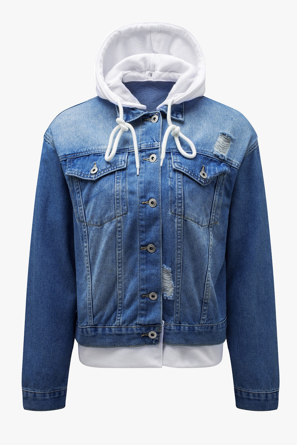 Distressed hooded denim jacket with faded blue jean material and a detachable white hoodie for versatile styling.