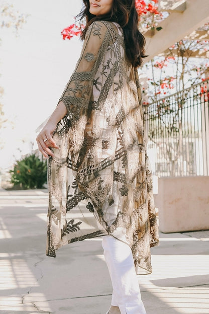 Embroidered Mesh Leaf Kimono