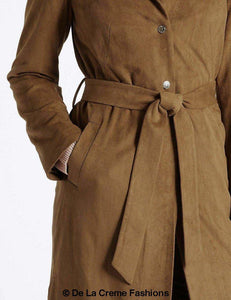 Ex Per Una - Womens Tan Brown Suedette Longline Duster Coat Jackets & Coats LoveAdora