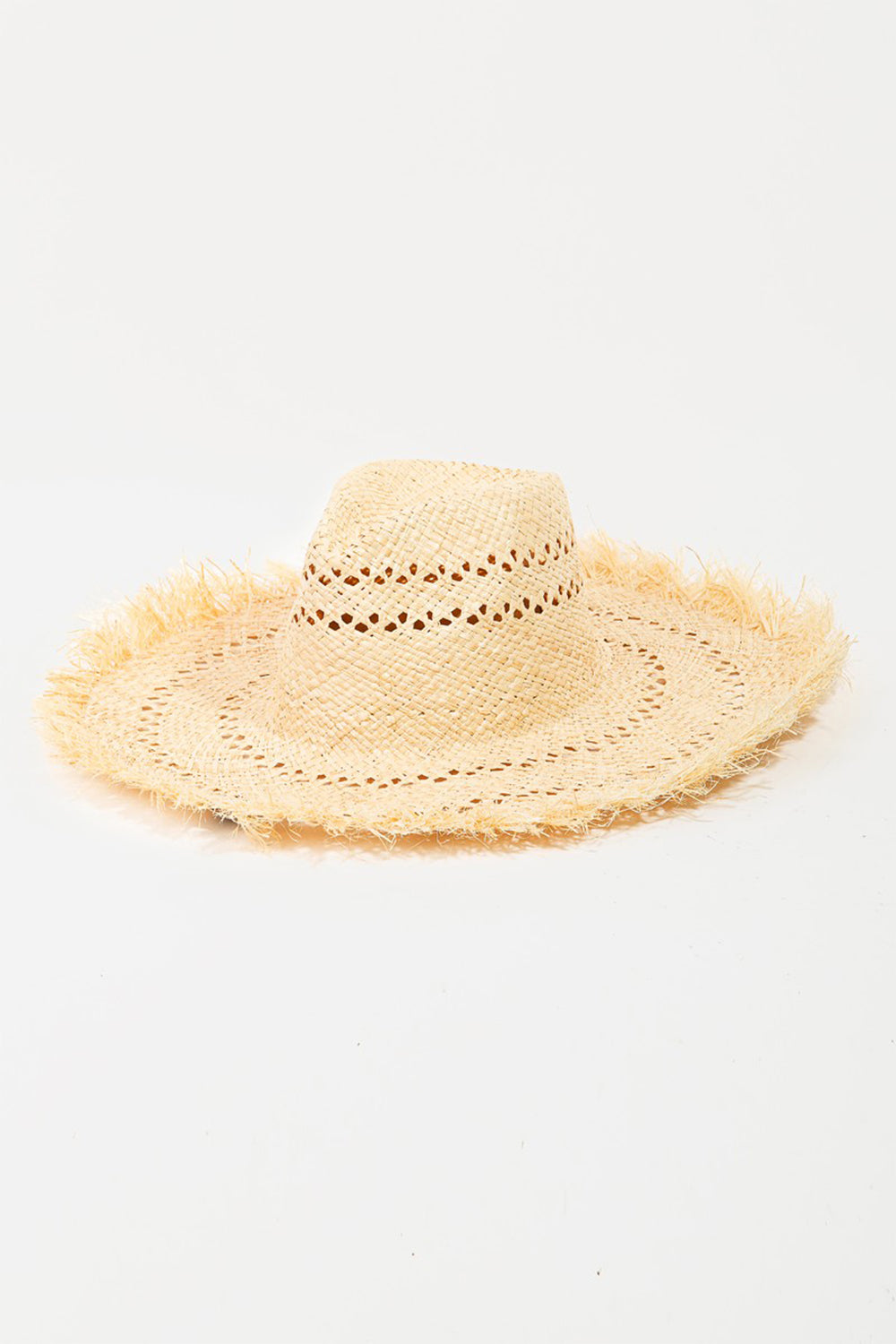 Chic straw sun hat with fringed trim and openwork design, perfect for casual summer style.