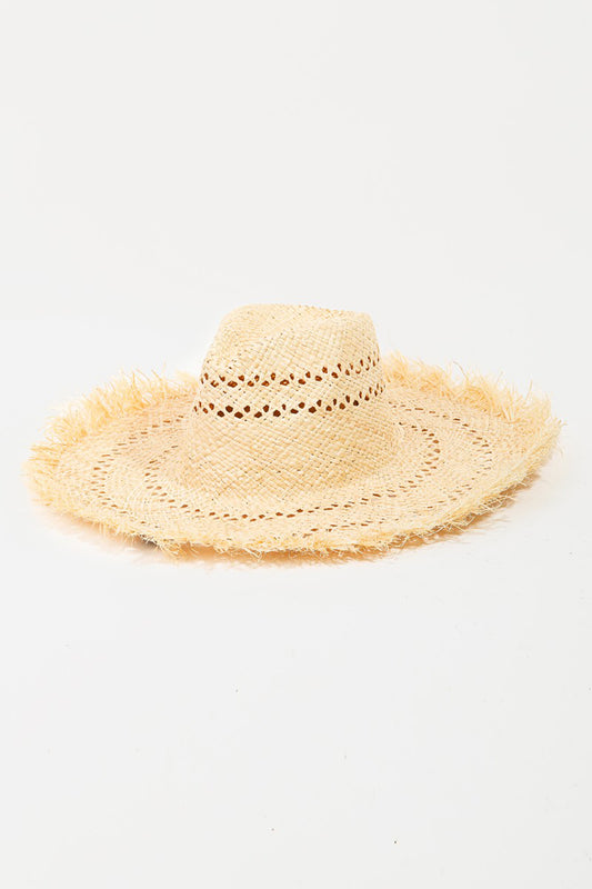 Chic straw sun hat with fringed trim and openwork design, perfect for casual summer style.