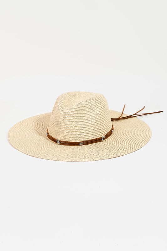 Woven Straw Wide-Brimmed Hat with Rope Straps