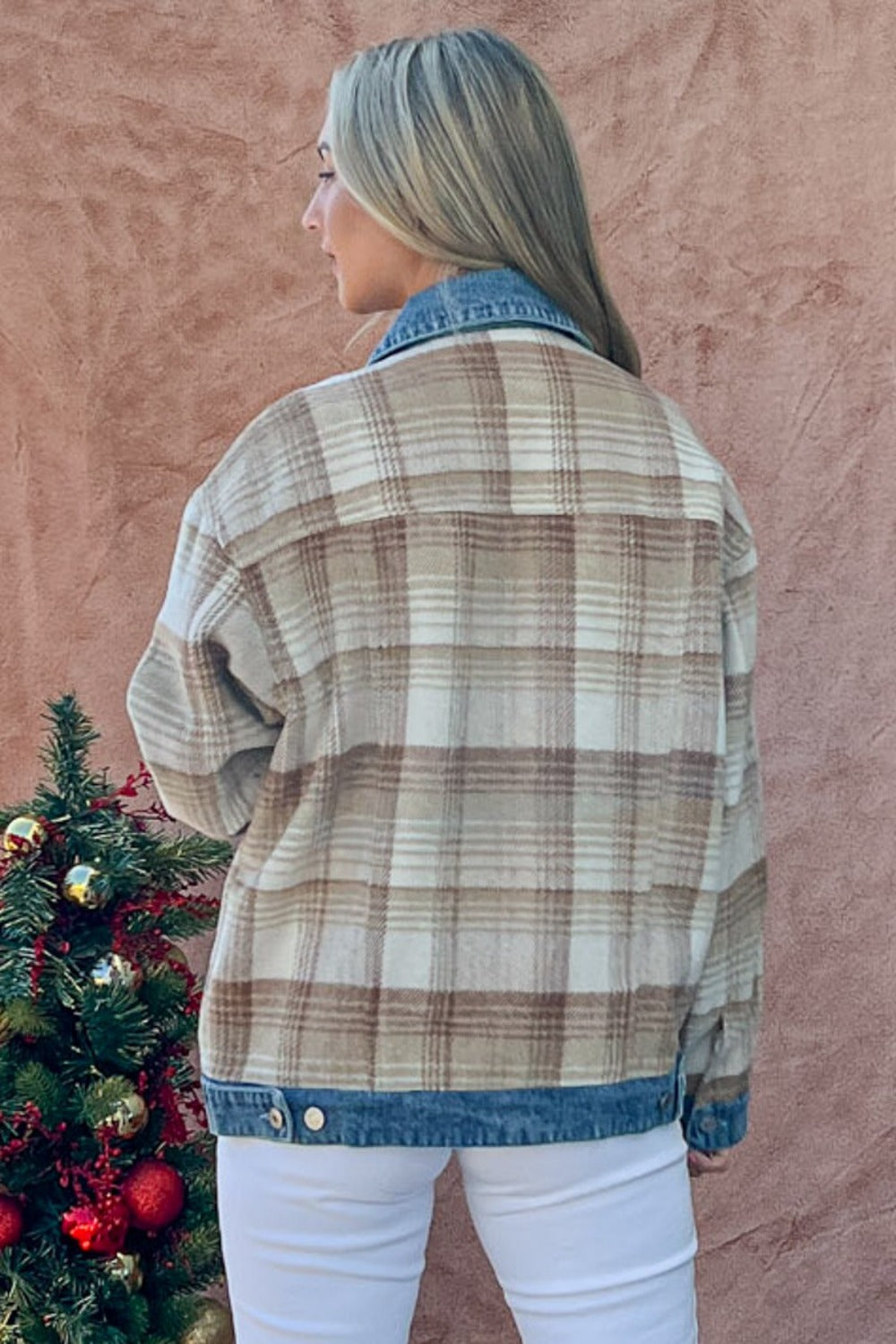 Beige and brown plaid brushed jacket with denim details, showcased against a neutral background.