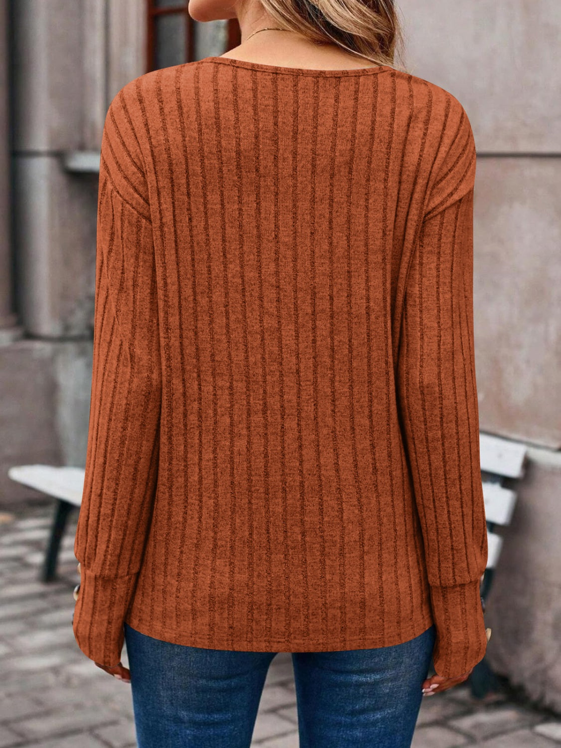 Decorative Button V-Neck Long Sleeve Rust Orange Ribbed Knit Sweater