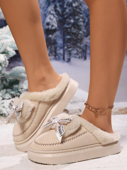 Cozy Suede Plush Slippers with Bow Accent in Winter Wonderland