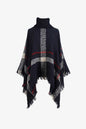 Plaid Turtleneck Raw Hem Poncho