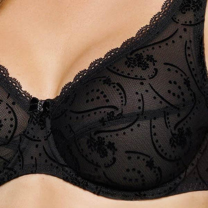 Black lace full figure brassiere featuring intricate embroidered pattern