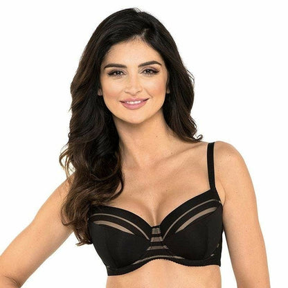 Full figure padded striped bra by Gorteks Luna in black, featuring a supportive and flattering design for the modern woman.