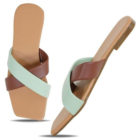 Casual flip-flops for women and girls, featuring a comfortable leather design with criss-cross strap details in mint and burgundy tones.