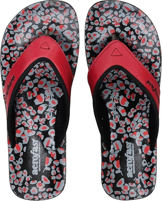 Red and gray abstract design PU casual slippers for women, featuring a printed floral pattern across the strap and sole.