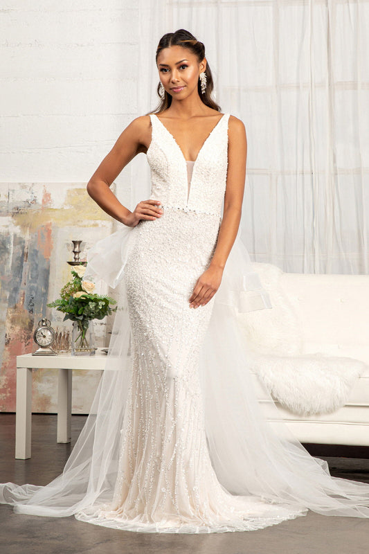 3D Flower Applique Mermaid Mesh w/ Detached Mesh Layer Wedding Dress GLGL3014