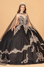 Load image into Gallery viewer, Glitter Jewel Embellished Quinceanera Gown Long Mesh Cape GLGL3078-0