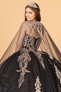 Glitter Jewel Embellished Quinceanera Gown Long Mesh Cape GLGL3078-4