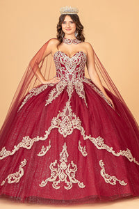 Glitter Jewel Embellished Quinceanera Gown Long Mesh Cape GLGL3078-5