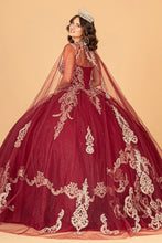 Load image into Gallery viewer, Glitter Jewel Embellished Quinceanera Gown Long Mesh Cape GLGL3078-6