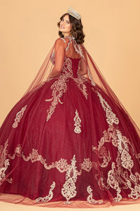 Glitter Jewel Embellished Quinceanera Gown Long Mesh Cape GLGL3078-6