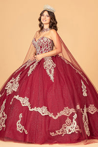Glitter Jewel Embellished Quinceanera Gown Long Mesh Cape GLGL3078-8