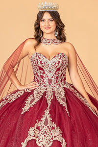 Glitter Jewel Embellished Quinceanera Gown Long Mesh Cape GLGL3078-9