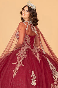 Glitter Jewel Embellished Quinceanera Gown Long Mesh Cape GLGL3078-10