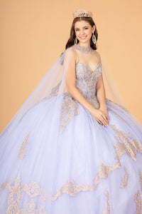 Glitter Jewel Embellished Quinceanera Gown Long Mesh Cape GLGL3078-15