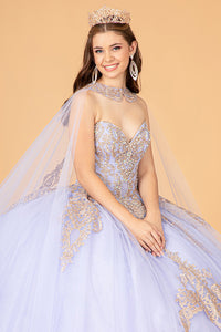 Glitter Jewel Embellished Quinceanera Gown Long Mesh Cape GLGL3078-18