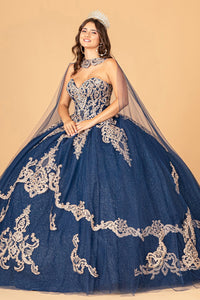 Glitter Jewel Embellished Quinceanera Gown Long Mesh Cape GLGL3078-20