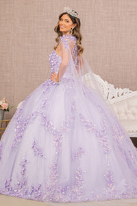 3D Flower Applique Glitter w/ Detachable Mesh Long Sleeves Quinceanera Dress GLGL3103