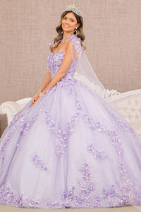 3D Flower Applique Glitter w/ Detachable Mesh Long Sleeves Quinceanera Dress GLGL3103