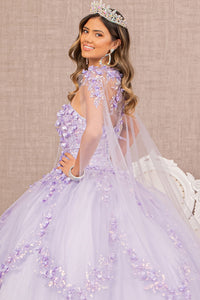 3D Flower Applique Glitter w/ Detachable Mesh Long Sleeves Quinceanera Dress GLGL3103