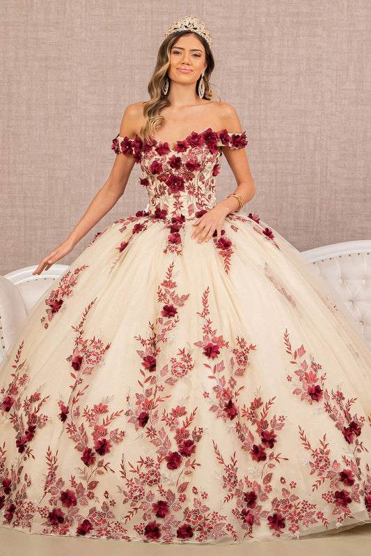 3D Flower Embroidery Off Shoulder Mesh Quinceanera Dress GLGL3105