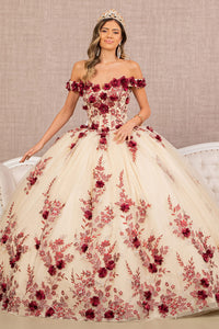 3D Flower Embroidery Off Shoulder Mesh Quinceanera Dress GLGL3105