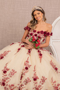 3D Flower Embroidery Off Shoulder Mesh Quinceanera Dress GLGL3105