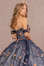 Load image into Gallery viewer, 3D Flower Applique Glitter Off Shoulder Mesh Quinceanera Dress GLGL3106