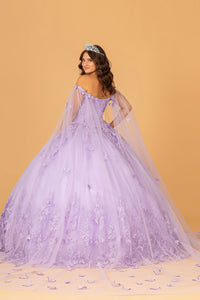 3D Butterfly Applique Glitter w/ Long Mesh Layer Quinceanera Dress