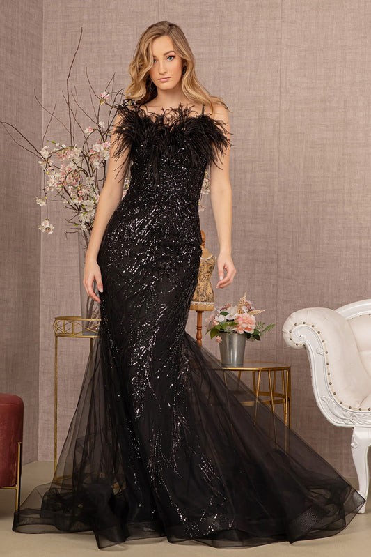 Sequin Sweetheart Mesh Trumpet w/ Feather Embellishment Long Prom Dress GLGL3117