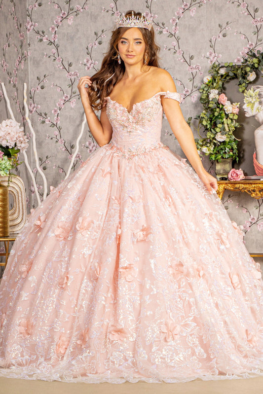 3D Butterfly Applique Jewel Sequin Quinceanera Ball Dress