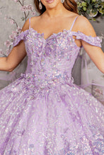 Load image into Gallery viewer, 3D Butterfly Applique w/ Detachable Mesh Back Drape Long Quinceanera Dress GLGL3185