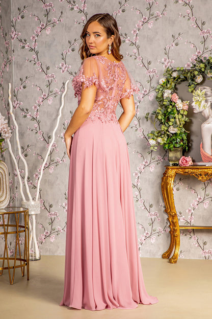 3D Flower Embroidery Chiffon A-line Sheer Short Sleeves Long Mother Of The Bride Dress GLGL3352