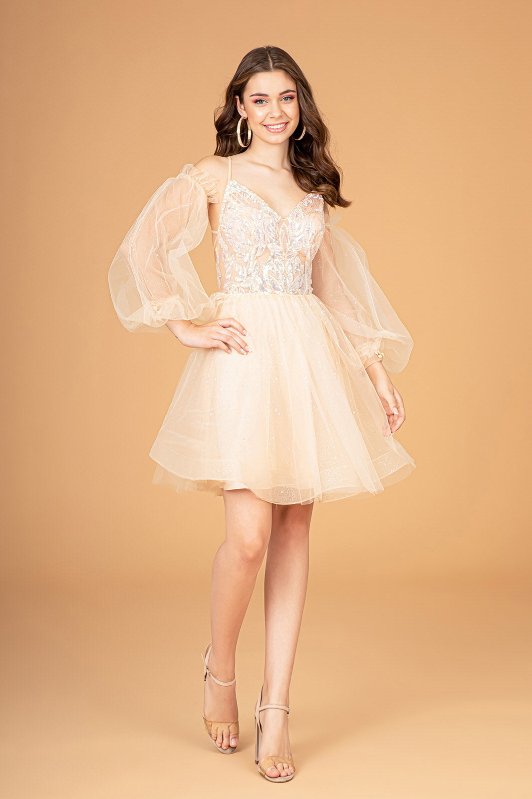 Sheer Bodice Glitter w/ Detachable Mesh Long Sleeves Short Homecoming Dress GLGS3095