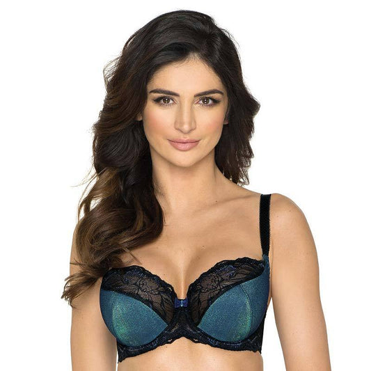 Woman in a black lace and teal bra against a white background